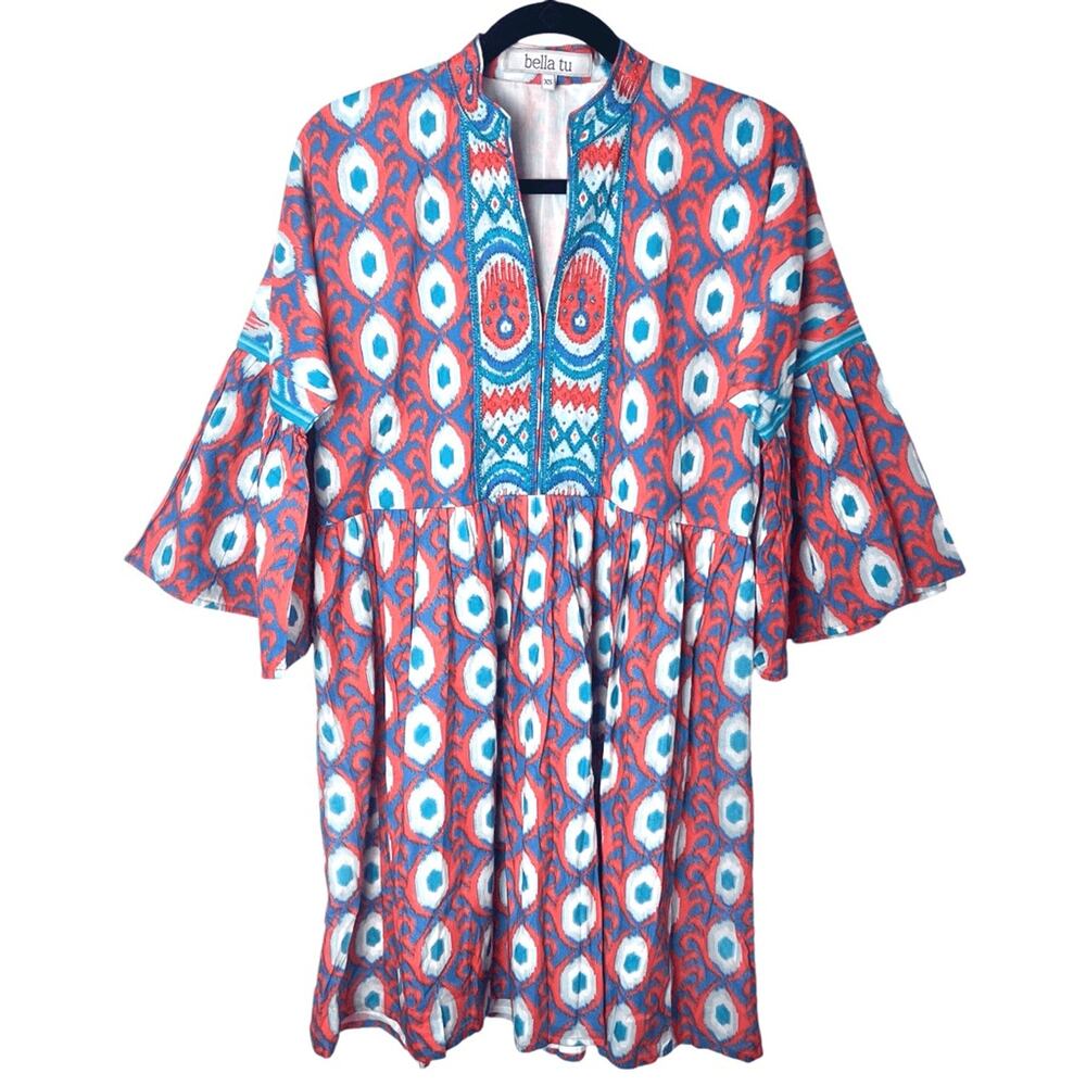 Bella Tu Ikat Beaded Tunic Bell Sleeve Cotton Dress Blue Coral Sz XS